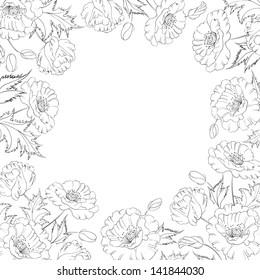 Frame with wreath of poppies isolated on white. Vector illustration.