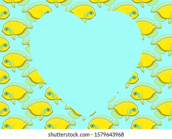 Frame with Yellow Centropyge pattern. Place for text in the shape of a heart. Blue background, vector.
