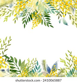 Frame with Yellow mimosa. Spring wreath of the brightest yellow flowers. Hello Spring . hand drawing. Not AI,