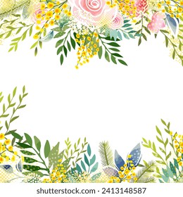 Frame with Yellow mimosa. Spring wreath of the brightest yellow flowers. Hello Spring . hand drawing. Not AI,