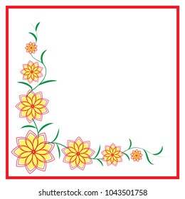 Frame of yellow and red flowers with green leaves. For decoration.