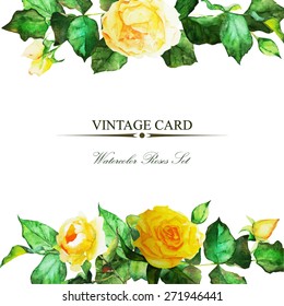Frame of yellow vector watercolor roses. Vintage floral greeting card. Can be used as a greeting card for background of Valentine's day, birthday, mother's day, wedding or any other design.