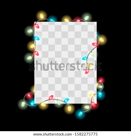The frame for your content is surrounded by Christmas lights, gerlyadndy that shine with a soft glow. Christmas cards, invitations or family photos. Vector
