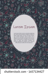 Rahmen für Ihr Design oder Ihren Text.Vektorillustration. Poster, Gruß, Hochzeit, Geburtstag, speichern Sie die Datumskarte Vorlage mit floralem Muster. Fertig gezeichnete Clipkunst im Doodle-Stil.