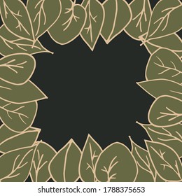 Frame for your notes. Frame of leaves on a black background. Hand-drawn vector illustration. Different leaves with a stroke.
