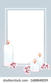 Frame for your text decorated with aroma scented candles and cherry blossom flowers. Vector illustration.