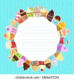 Frame for your text decorated with a circle of cute cartoon cupcakes. Vector illustration.