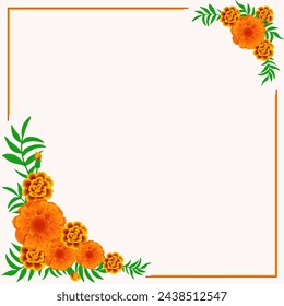 Frame for your text with decoration of marigold flowers collected in groups arranged diagonally. Possible for the holiday of the dead, Diwali. Images isolated on white background vector illustration