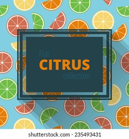 Frame for your text in a flat style with a long shadow. Frame of citrus: oranges, limes, lemons, grapefruits. Seamless texture of citrus in a flat style