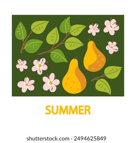 Marco para su texto con peras, flores rosas y hojas sobre un fondo verde. Fondo de verano, Clipart. Ilustración vectorial.
