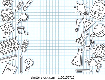 Frame for your text with school supplies on checkered background. Vector illustration