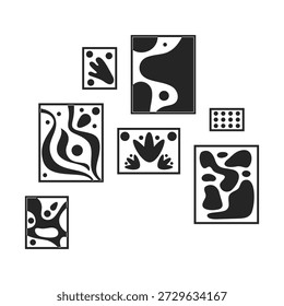 Framed abstract wall art pieces 2D line object. Interior decor. Modern creative artworks. Eclectic paintings wooden frames isolated clipart vector ink outline item. Monochrome spot illustration