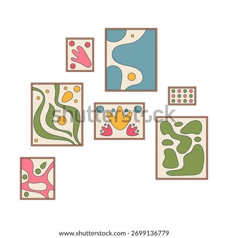 Framed abstract wall art pieces 2D cartoon object. Interior decor. Modern creative artworks. Eclectic paintings wooden frames isolated element flat vector clip art on white. Spot illustration