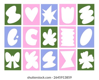 Forma De Recorte Branco Abstrato Com Moldura. Uma coleção vibrante de quinze formas abstratas de recorte branco emolduradas com silhuetas divertidas definidas em fundos pastel e verde. Perfeito para poster de colagens modernas