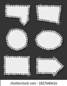 Framed banners vector, isolated banner in shape of arrowhead. Glowing bulbs, round and circle square and rectangular form flat style frames signboards