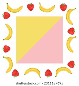 Framed bicolor background with bananas and strawberries. Vector illustration. Suitable for print, social media and backdrops.