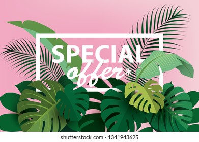 Framed branches of tropical plants  with the inscription "SPECIAL OFFER". Vector illustration