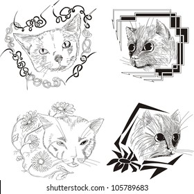 Framed cat sketches. Set of black and white vector illustrations.
