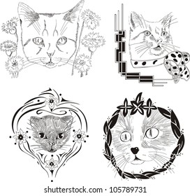 Framed cat sketches. Set of black and white vector illustrations.