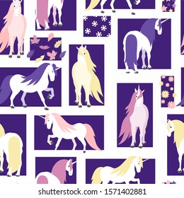 Framed colorful unicorns make up this seamless pattern. Also features elements from the seasons.