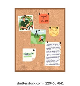 Cartel de corcho enmarcado, tablero de ensueño, organizador de notas con fotos de vacaciones pinchadas, hojas de papel con fechas importantes, pegatinas o notas adhesivas con recordatorios, libro de texto, hoja de cuaderno gobernada con texto