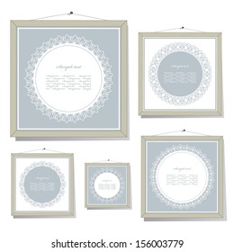Framed cute doily pictures with sample text isolated on white. Vector illustration. 