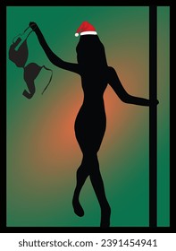Framed Female Pole Dancer with a Santa Hat Holding a Bra