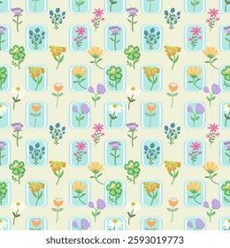 Framed Floral Pattern, Whimsical Flower Design, Retro Flower Box Repeat Pattern, Pastel Colors, Stylized Floral Pattern in Frames, Seamless Design, Colorful Flower Box Pattern, Light Beige Background
