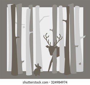 Framed forest scene with deer, rabbit and silver birch trunks