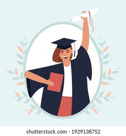 Framed graduate with diploma and scroll. Close-up of a girl in a black dress and a graduation hat. The happy teenage girl graduated from an educational institution. Flat vector illustration.