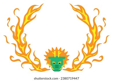 Está enmarcado con una cara de dragón verde y llamas anaranjadas.
