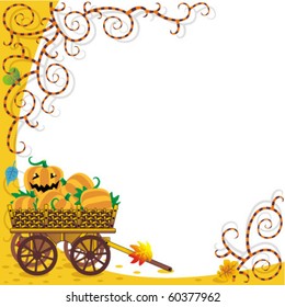 Framed Halloween or autumn vector background with funky vines and wagon full of pumpkins ( for high res JPEG or TIFF see image 60377965 )
