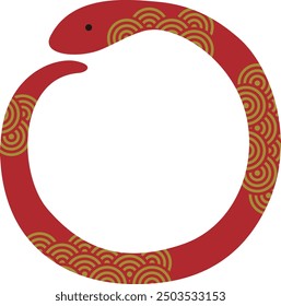 Framed illustration of a snake of the zodiac in the year 2025, red with blue sea wave pattern