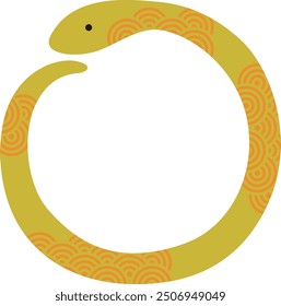 Framed illustration of a snake of the zodiac in the year 2025, gold with blue sea wave pattern