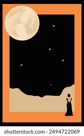 In a framed illustration a woman in a backless dress stands below an oversized moon.