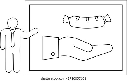 Framed image of a hand presenting a sausage next to a person in a suit pointing towards the image