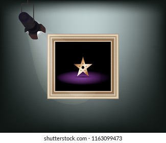 Framed image with pedant cone lamp on wall. Vector illustration.
