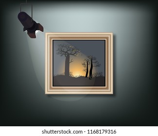 Framed image with pedant cone lamp on wall. Vector illustration.