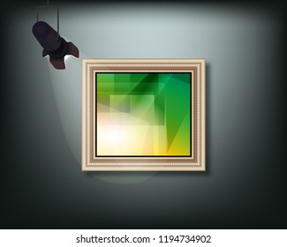 Framed image with pedant cone lamp on wall. Vector illustration.