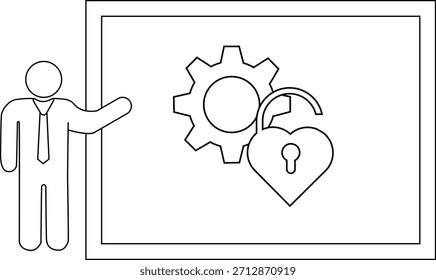 Imagen enmarcada de una figura de palo que apunta a un bloqueo del corazón junto a un engranaje