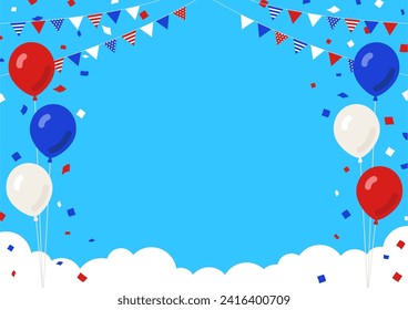 Framed image of tricolor balloons, garland and confetti on a background of clouds and blue sky