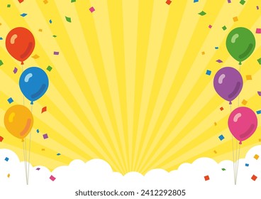 Framed material of balloons, confetti and clouds on a background of concentrated yellow lines.