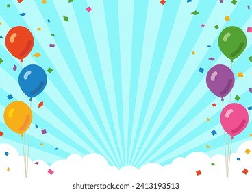 Material enmarcado con globos, confetti y nubes sobre un fondo de líneas celulares concentradas.