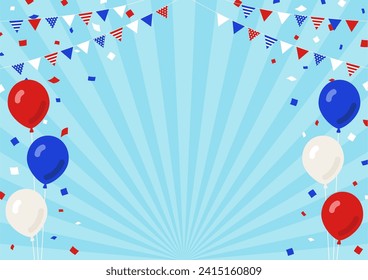 Framed material of tricolor balloons, garland and confetti on a background of concentrated lines of light blue