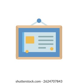 Framed notice illustration. Simple flat design. Contains text, image, and is displayed on a wall.