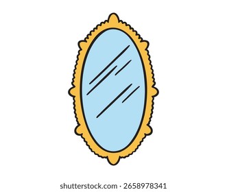 Ovalado enmarcado viejo icono de espejo doodle dibujado a mano. Dibujo de dibujos animados colorido vintage oval línea de espejo Clipart símbolo . Ilustración vectorial