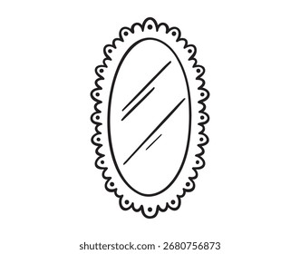 enquadrado oval velho espelho ícone doodle mão desenhada. Contorno vintage espelho linha desenho clipart símbolo. Ilustração vetorial