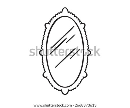 framed oval old mirror icon doodle hand drawn. Outline vintage oval mirror line drawing clipart symbol. Vector illustration