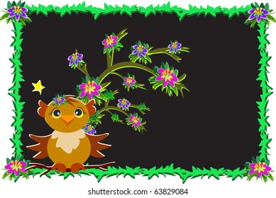Framed Owl with Tree and Flowers