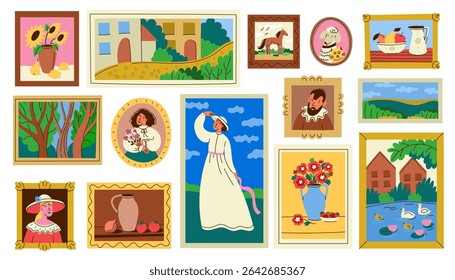 Framed painting. Gallery art pictures portraits still life landscape, artistic portrait of people in vintage frames, exhibition on gallery wall, fine art collection. Vector set.